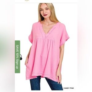 Zenana Double Gauze Raw Edge Shirt (Dusty Rose)